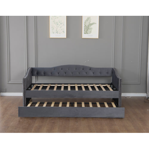Twin Size Upholstered Daybed with Trundle and USB Charging Design, Sturdy Wood Slat Support, Wood Bed Frame for Bedroom/Guestroom/Dorm,Plush Velvet Fabric,Gray