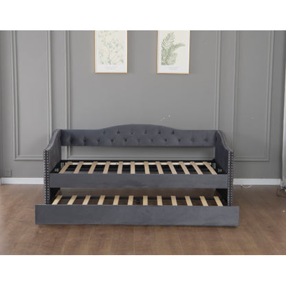 Twin Size Upholstered Daybed with Trundle and USB Charging Design, Sturdy Wood Slat Support, Wood Bed Frame for Bedroom/Guestroom/Dorm,Plush Velvet Fabric,Gray