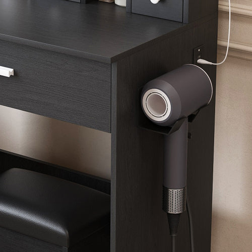 Black Compact LED Vanity Table Set, Power Outlet, Hairdryer Holder & Upholstered Stool