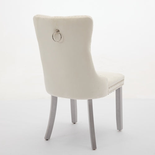 Set of 2 Milky White Mid-Century Velvet Tufted Dining Chairs, Solid Wood Leg Nailhead Trim 280lbs Weight Capacity