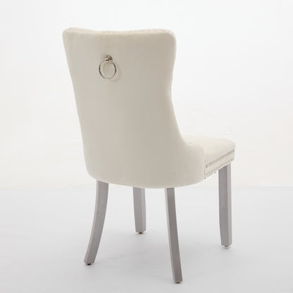 Set of 2 Milky White Mid-Century Velvet Tufted Dining Chairs, Solid Wood Leg Nailhead Trim 280lbs Weight Capacity