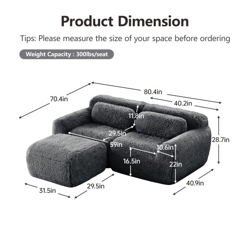 Dark-Grey L-Shaped Boneless Plush-Fabric Modular Sofa with Chaise & Throw Pillows No-Assembly