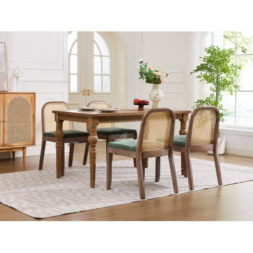 Set of 2 Green Curved Arched Cane Back Farmhouse Dining Chairs, Distressed Solid Wood Frame S-Spring Chenille Cushion