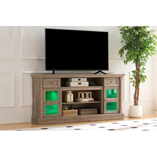70 Inch Antique White Farmhouse Roman Column TV Stand with LED & Fireplace Reserved Space