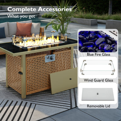 K&K 43" Propane Gas Fire Pit Table, 60000 BTU Rectangular Open Weave Wicker Fire Pit with Glass Wind Guard for Outside Patio Deck Garden Backyard - Orange & Mustard Yellow