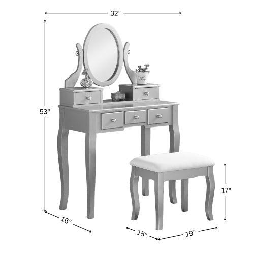 Gold Wood Makeup Vanity Table and Stool Set, 5 Lined Drawers, Adjustable Oval Mirror, 32 inch W