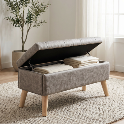 32 Inch Square Storage Ottoman Bench with Built-in Tray, Upholstered Footrest, Modern Multi-Functional End of Bed Bench