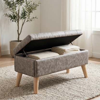 32 Inch Square Storage Ottoman Bench with Built-in Tray, Upholstered Footrest, Modern Multi-Functional End of Bed Bench