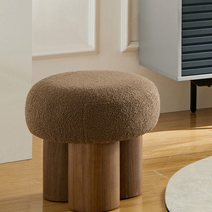 Brown Teddy Mushroom Ottoman Stool, Walnut Veneer Barrel Base Cute Footrest for Entryway & Kids Room