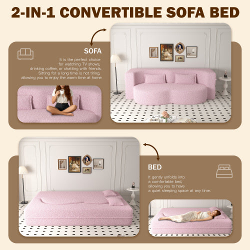 Pink Full-Size Sherpa Fleece Convertible Floor Sofa Bed, 2 Pillows, No Assembly
