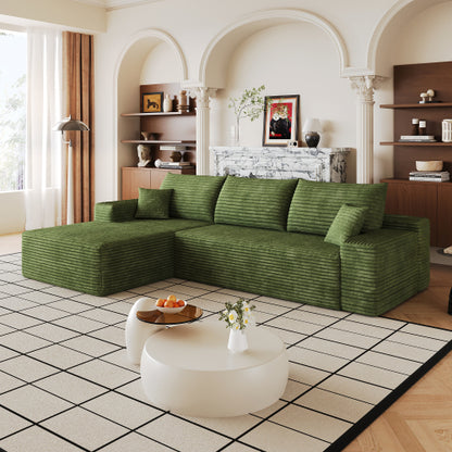 107 inch  Green Plush Corduroy L-Shape Cloud Modular Sectional Sofa, No Assembly