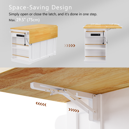 53inch Large Kitchen Island with 2 Bar Stools, Power Outlet,Door Internal Storage Rack, Kitchen Storage Cart on 5 Wheels with Drop Leaf, 5 Open Side Racks, 3 Drawers,White(Three Packages)