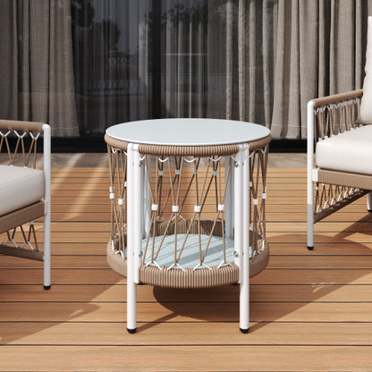 17.32" Bohemian Garden Accent Outdoor Side Table - Handwoven Rope with Powder-Coated Steel Frame, Glass Top, Small Patio End Table for Drinks, Plants
