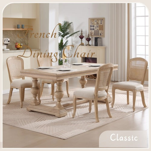 Set of 2 Beige French Country Fan Rattan Back Dining Chairs, Carved Wire Drawing Solid Wood Disassemblable Chairs