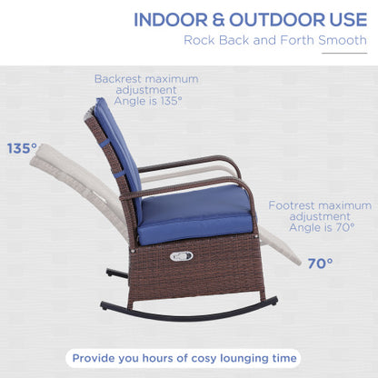 Outsunny Wicker Outdoor Rocking Chair, Patio Recliner with Adjustment Backrest, PE Rattan Lounge Chair with Adjustable Footrest and Cushions for Garden, Backyard, Porch, Blue