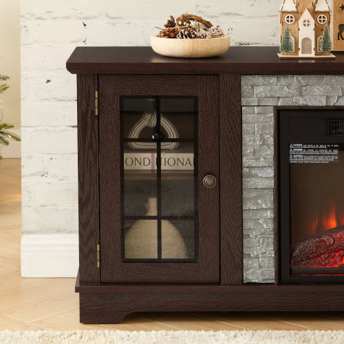 58 Inch White Faux Stone Electric Fireplace TV Stand 18 inch Heater Media Console Fits 65 Inch TV