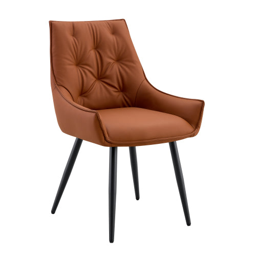 Set of 4 Camel Faux Leather Dining Chairs, Button Tufted Flat Back, Curved Armrest, Black Sanded Metal Legs