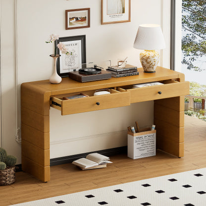 Curved Console Table with Storage, Wooden Entryway Table with 2 Drawers, Farmhouse Rustic Console Tables for Entryway, Hallway, Living Room, Natural