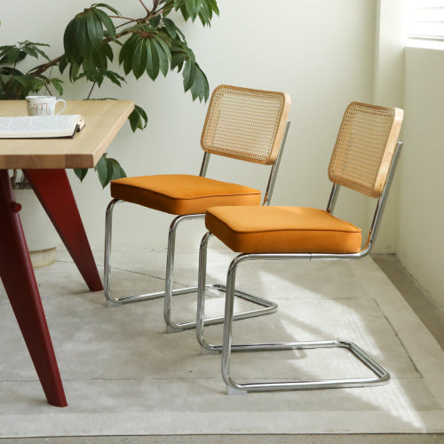 Set of 2 Orange Velvet Rattan Cantilever Dining Chairs, Chrome Tubular Steel Breuer Stackable Side Chairs