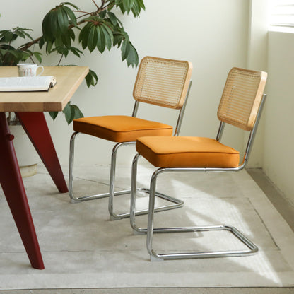 Set of 2 Orange Velvet Rattan Cantilever Dining Chairs, Chrome Tubular Steel Breuer Stackable Side Chairs