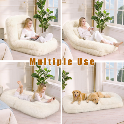 Beige 5-Position Adjustable Human-Size Floor Sofa Bed, Plush Faux Fur
