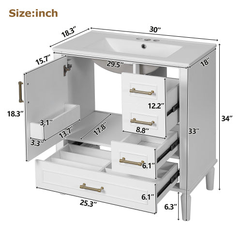 30" Bathroom Vanity with Ceramic Sink, Soft-Close Door with Built-in Shelf, Deep Drawer, Standard Drawer, Long Divider Drawer, Ample Storage Cabinet for Bathroom, Modern & Functional Design