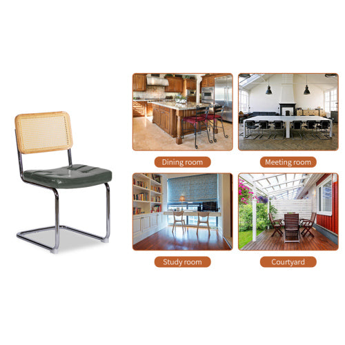 Set of 2 Dark Green Faux Leather Rattan Cantilever Dining Chairs, Chrome Tubular Steel Breuer Frame Stackable Side Chairs