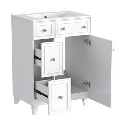 24-Inch Bathroom Vanity Cabinet with Ceramic Sink, 2 Drawers, 1 Door