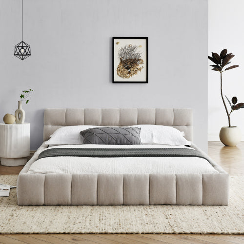 Queen Size Upholstered Bed Frame with Thick Fabric, Chenille Fabric Grounded Queen Size Platform Bed with Headboard and Solid Frame. No Box Spring Needed, Beige(68inch *86.5inch *23.5inch )