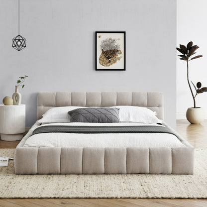Queen Size Upholstered Bed Frame with Thick Fabric, Chenille Fabric Grounded Queen Size Platform Bed with Headboard and Solid Frame. No Box Spring Needed, Beige(68inch *86.5inch *23.5inch )