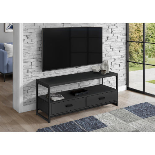 48 Inch Compact Black Metal Frame TV Stand with Dual Open Layers & 2 Storage Drawers