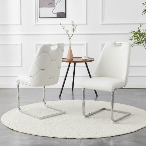 Set of 2 White Gold Mesh PU High Back Dining Chairs, Silver Back Ring Chrome Pull Handle Solid Iron Frame