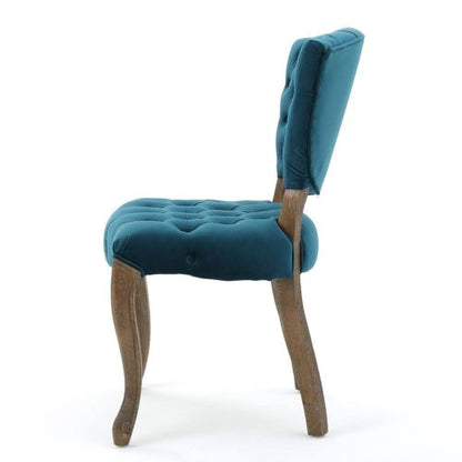 Tufted Velvet-Look Dining Chairs with Carved Wood Legs, Set of 2, Teal