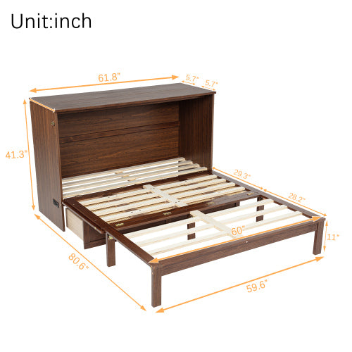 Queen Murphy Cabinet Bed with Charging Station Drawer and Rattan Panels Walnut