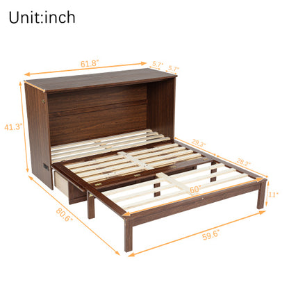 Queen Murphy Cabinet Bed with Charging Station Drawer and Rattan Panels Walnut
