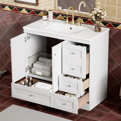 36 inch Shaker Style Free-Standing Bathroom Vanity Cabinet with Ceramic Sink, 4 Soft-close Drawers and 2 Soft-close doors