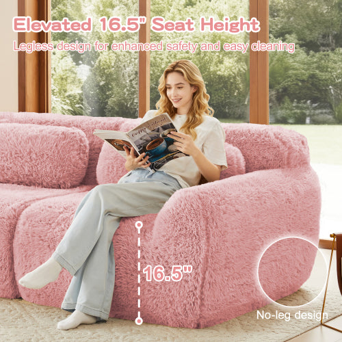 Pink L-Shaped Plush Boneless Sofa with Chaise,32D Sponge,Throw Pillows,No Assembly