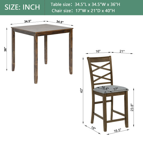 5-Piece Counter Height Dining Set with 4 Upholstered Chairs, Walnut Wood Table Set for Kitchen & Dining Room