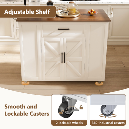 46 inch Kitchen Island on Wheels with Storage & Power Outlet - Movable Rustic Breakfast Bar Table, Wood Top with Adjustable Shelf & Drawer for Kitchen Dining Living Room, White