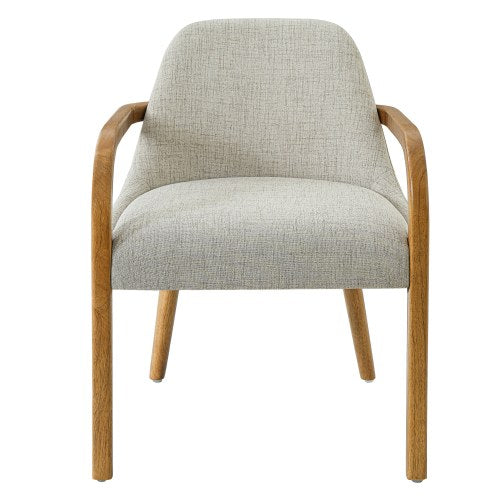 Set of 2 Mid-Century Beige Fabric Dining Arm Chairs, Rubber Wood Legs, 250 lbs Capacity