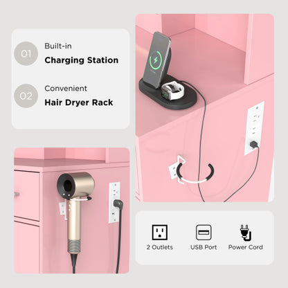 Lavin Pink Makeup Vanity Set with LED Mirror, Charging Station, Stool, 2 Drawers, Open Shelves & Storage Cabinet