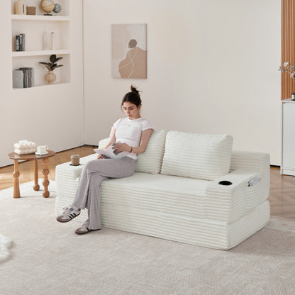 70.8-inch corduroy two-in-one sofa bed, featuring a lounge chair with two throw pillows, built-in cup holders in the armrests, and side storage pockets-ideal for living rooms, bedrooms, and relaxation