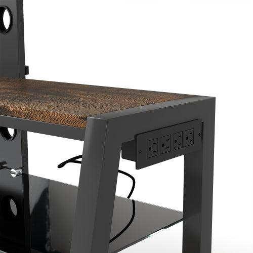 Rustic Brown Swivel TV Stand, Black Tempered Glass Height Adjustable Cart with Power Outlets for 32-65 Inch TV