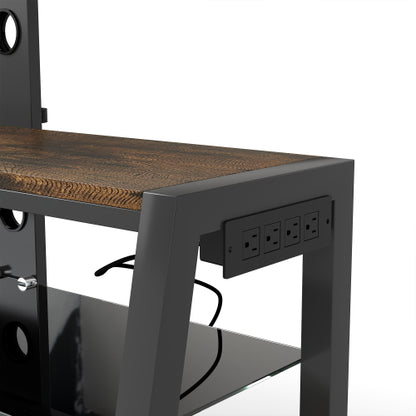 Rustic Brown Swivel TV Stand, Black Tempered Glass Height Adjustable Cart with Power Outlets for 32-65 Inch TV