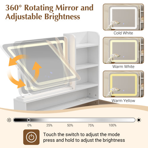 White Amber Glass Vanity Desk, 360° Rotatable LED Mirror, USB?AC Power Outlet, Metal Legs & PU Stool