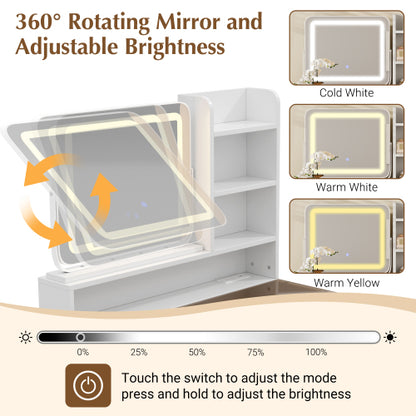 White Amber Glass Vanity Desk, 360° Rotatable LED Mirror, USB?AC Power Outlet, Metal Legs & PU Stool