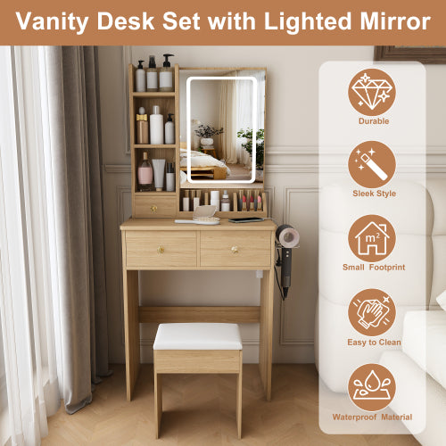 Modern Small Vanity Desk w/ 3-Color LED Mirror, 3 Drawers, Power Outlet, Hair Dryer Holder & Chair, Black