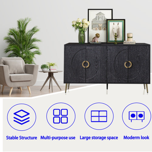 Distressed Black Modern Lacquered 4-Door Wooden Sideboard MDF Metal Leg Adjustable Shelf Home Storage Cabinet