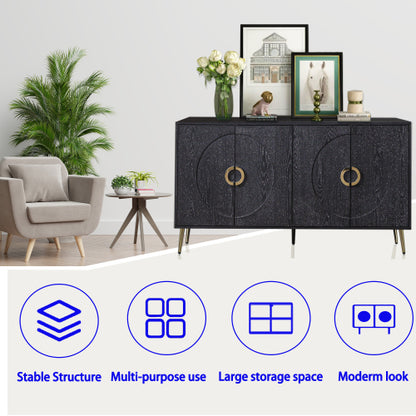 Distressed Black Modern Lacquered 4-Door Wooden Sideboard MDF Metal Leg Adjustable Shelf Home Storage Cabinet