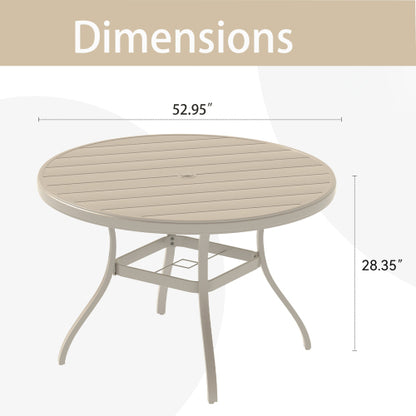Outdoor Round Patio Dining Table for 6-7, All Weather Metal Dining Table with Umbrella Hole for Deck Lawn Garden Backyard, Sandstone Color